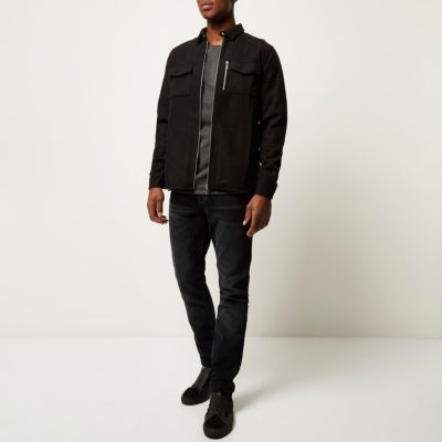 Black zip front flannel shirt jacket